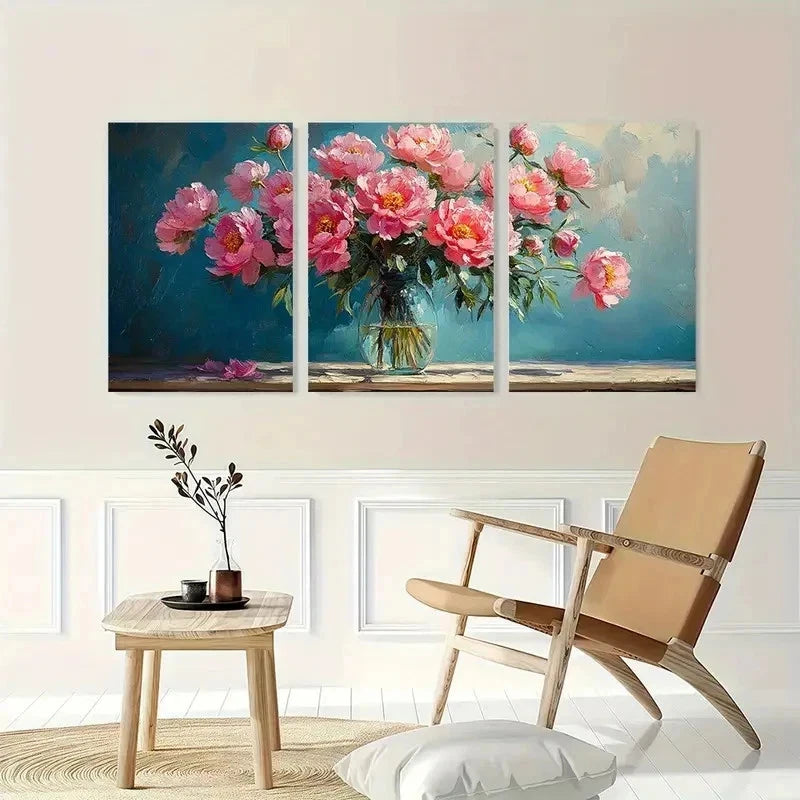 3pcs Pink Peonies Textured Bouquet Vase Perfect Wall Art Set Canvas Framed 50x70cm - High Quality Print 100% Australian Made Wall Canvas Ready to Hang - Bella Home Decor