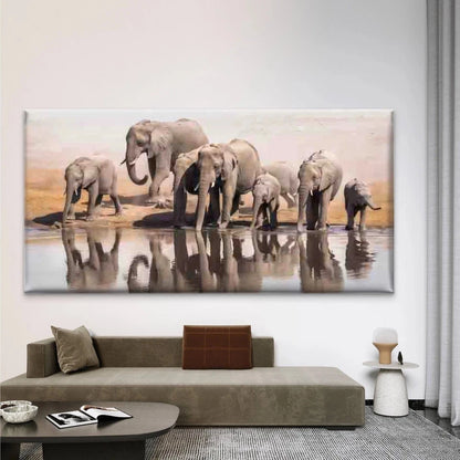 Elephant Herd Drinking Water Wall Art Canvas Office Home Room Framed 120x60cm