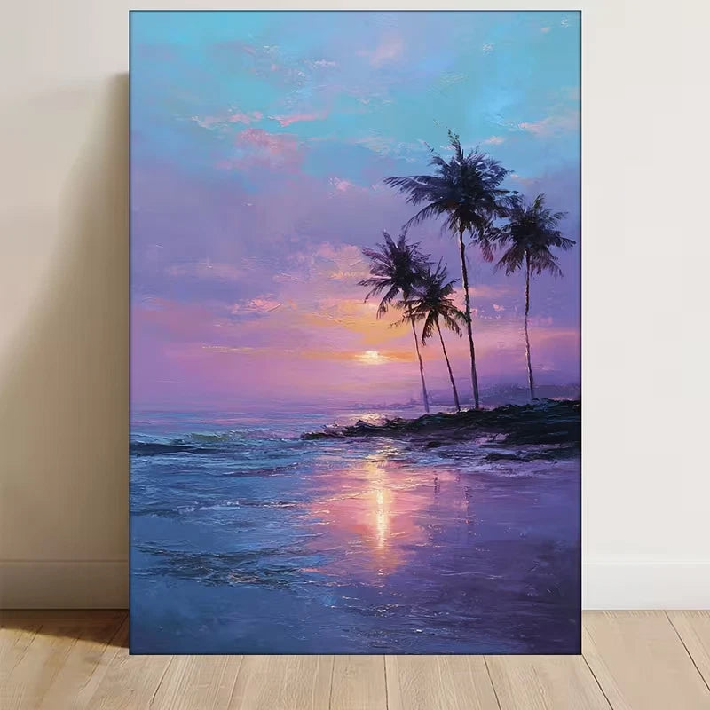 Beach Sunset Painting with Silhouetted Palm Trees 60x90cm Metal Print Ready to Hang