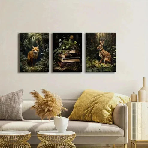 3pcs Fox Rabbit Books Rustic Wall Art Set Canvas Unframed - High Quality Print 100% Australian Made Wall Canvas - Bella Home Decor