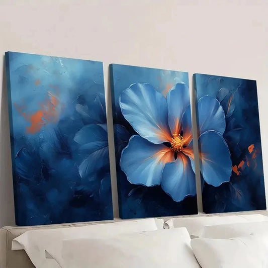 3pcs Blue Flower Painting ER Wall Art Set Canvas Framed 40x60cm - High Quality Print 100% Australian Made Wall Canvas Ready to Hang
