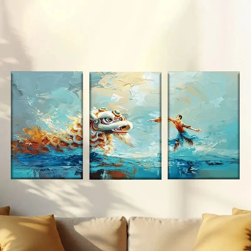 3pcs Abstract New Year Lion Dance Wall Art Set Canvas Framed 60x90cm - High Quality Print 100% Australian Made Wall Canvas Ready to Hang - Bella Home Decor