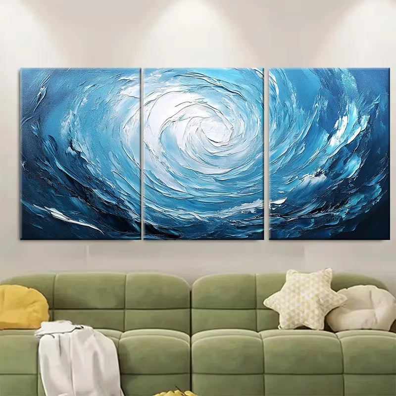 3pcs Abstract Blue White Swirl Painting Metal Print Ready to Hang Art - Bella Home Decor