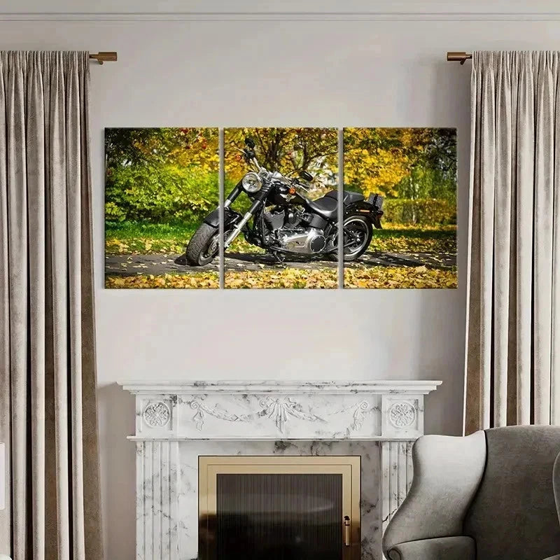 3pcs Motorcycle with Autumn Leaves Scene Wall Art Set Canvas Framed 50x70cm - High Quality Print 100% Australian Made Wall Canvas Ready to Hang