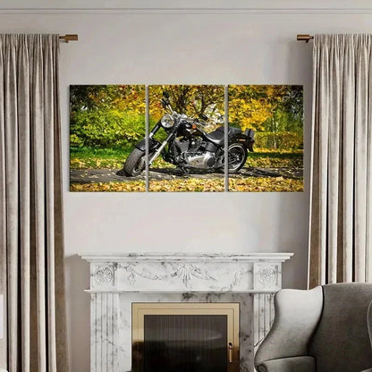 3pcs Motorcycle with Autumn Leaves Scene Wall Art Set Canvas Framed 50x70cm - High Quality Print 100% Australian Made Wall Canvas Ready to Hang