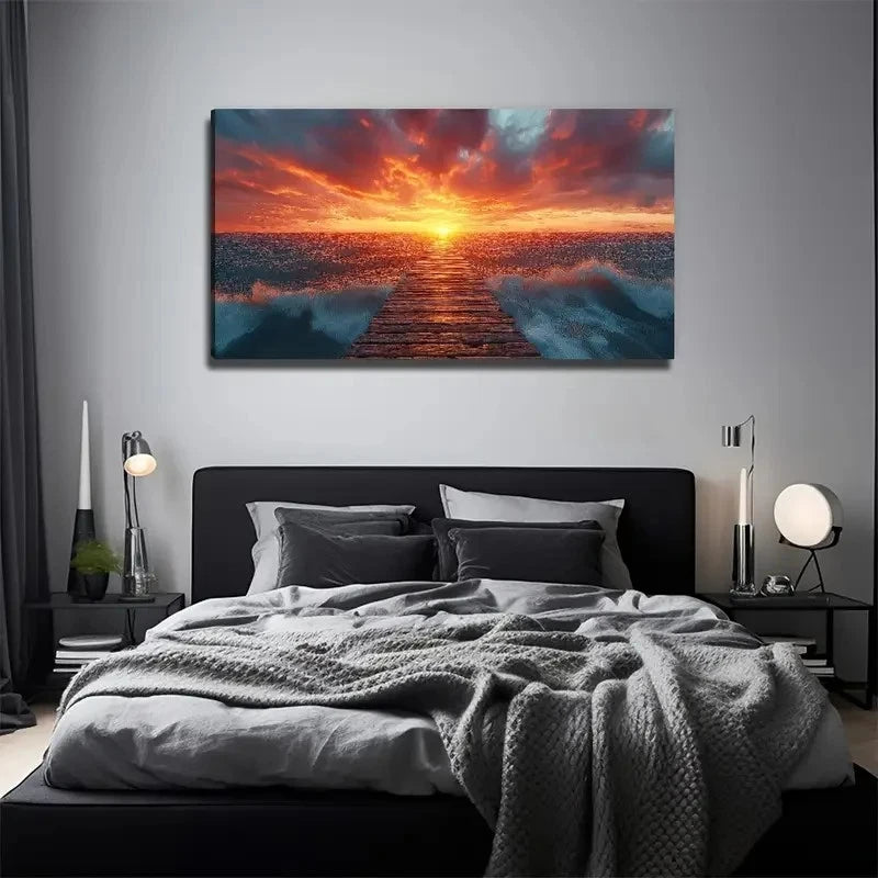 Sunset The Wooden Bridge Wall Art Canvas Office Home Room Framed 120x60cm