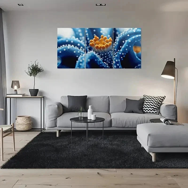 3pcs Abstract Blue Flower Golden Metal Print Ready to Hang Art - Bella Home Decor