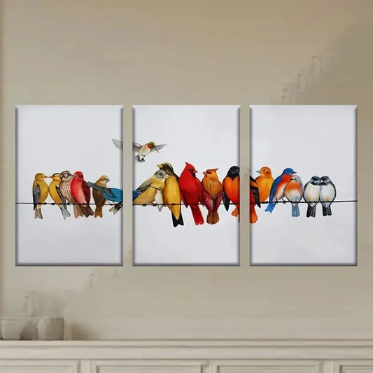 3pcs a Group of Birds Sitting on a Wire Wall Art Set Canvas Framed 40x60cm - High Quality Print 100% Australian Made Wall Canvas Ready to Hang