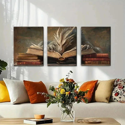3pcs Wise Dragon Reading Books Mystical Perfect Wall Art Set Canvas Framed 40x60cm - High Quality Print 100% Australian Made Wall Canvas Ready to Hang - Bella Home Decor