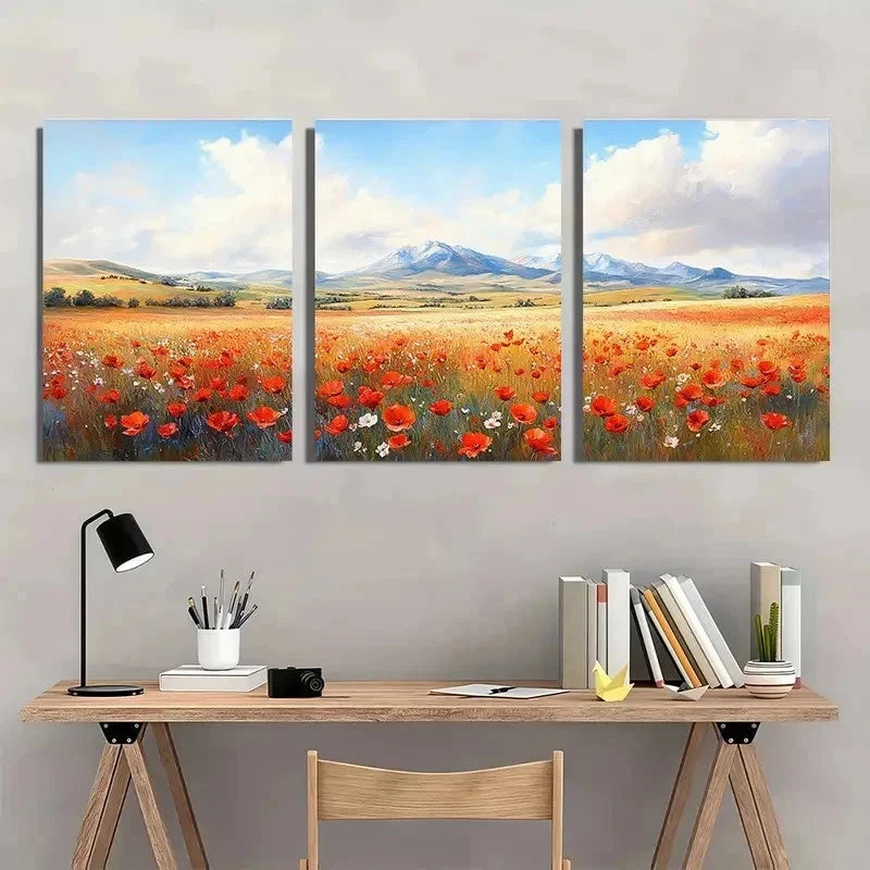3pcs Vibrant Poppy Meadow Mountain View Perfect Wall Art Set Canvas Framed 50x70cm - High Quality Print 100% Australian Made Wall Canvas Ready to Hang