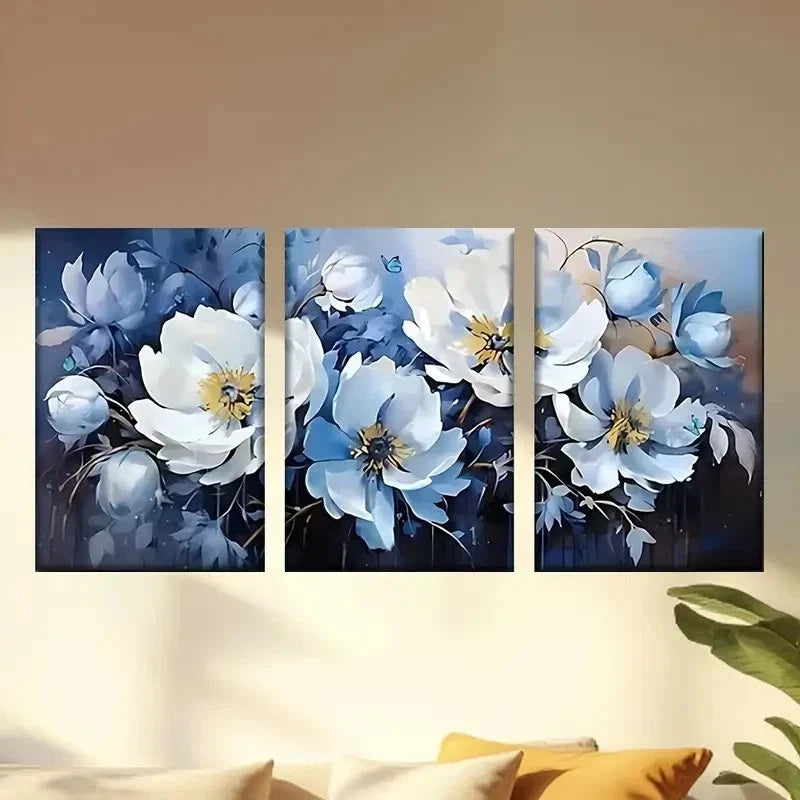 3pcs Painting of White Flowers on a Blue Wall Art Set Canvas Framed 40x60cm - High Quality Print 100% Australian Made Wall Canvas Ready to Hang
