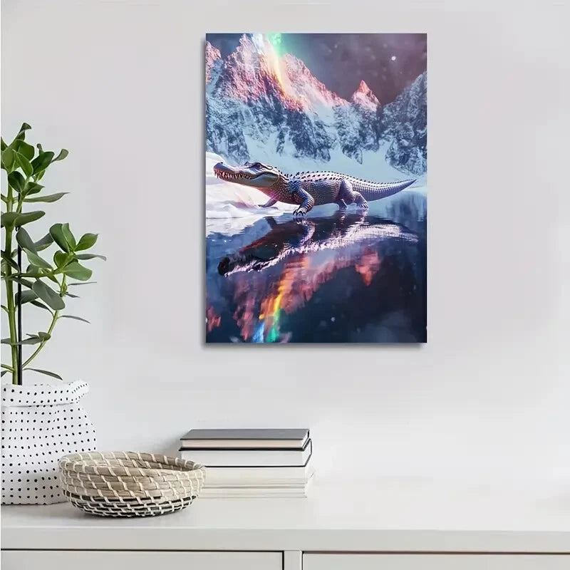 Crocodile Running Happily On a Snowy Mountain Painting 40x60cm Metal Print Ready to Hang - Bella Home Decor
