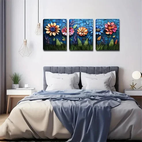 3pcs Weird Flowers on Green Grass Modern Wall Art Canvas Unframed - High Quality Print 100% Australian Made Wall Canvas