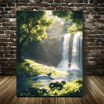 Serene Dolphin Waterfall Scene with Sunlit Painting 40x60cm Metal Print Ready to Hang - Bella Home Decor