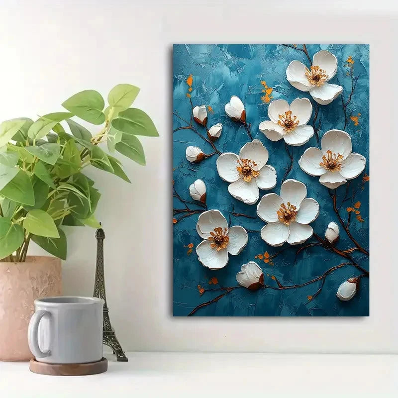 Beautiful Elegant White Blossoms On Aqua Painting 40x60cm Metal Print Ready to Hang