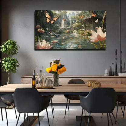 Butterfly & Waterfall Scene Wall Art Canvas Office Home Room Framed 120x60cm