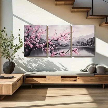 3pcs Cherry Blossoms Lake & Mountain Landscape Wall Art Set Canvas Framed 50x70cm - High Quality Print 100% Australian Made Wall Canvas Ready to Hang - Bella Home Decor