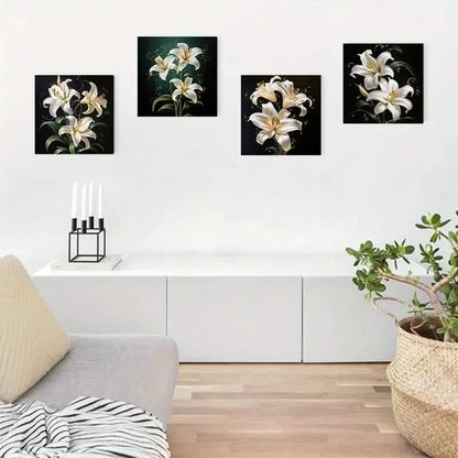 4pcs Elegant White Lilies & Golden Swirls Wall Art Canvas Framed