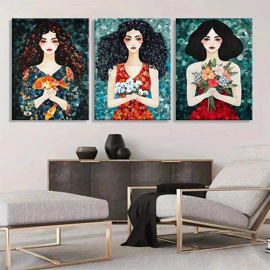 3pcs Colorful Floral Women Flowers Perfect Wall Art Set Canvas Framed 50x70cm - High Quality Print 100% Australian Made Wall Canvas Ready to Hang