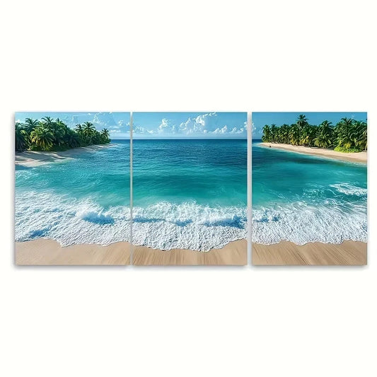 3pcs Aerial Tropical Beach with Palm Trees Wall Art Set Canvas Framed 50x70cm - High Quality Print 100% Australian Made Wall Canvas Ready to Hang