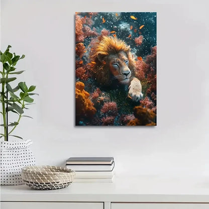 Surreal Lion Underwater Scene with Coral Painting 40x60cm Metal Print Ready to Hang - Bella Home Decor