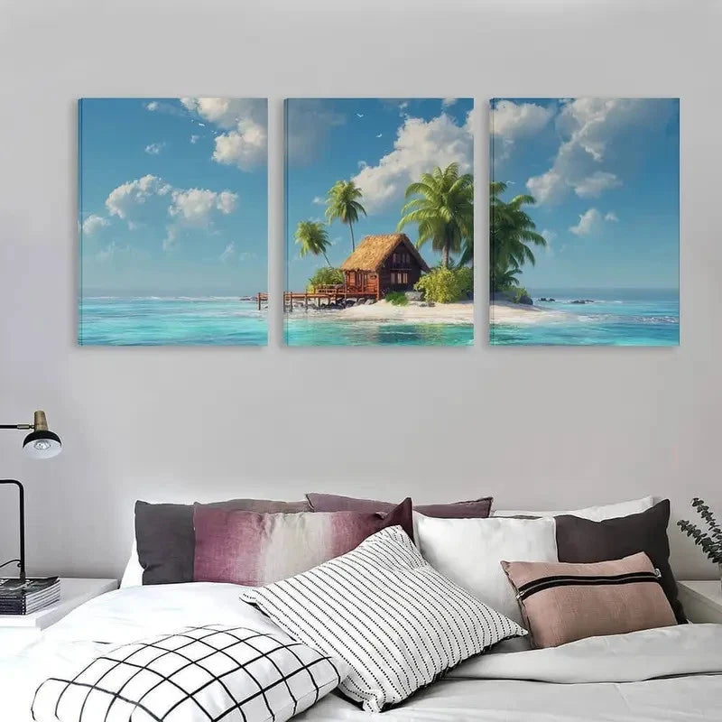 3pcs Overwater Bungalow & Palm Tree Beach Scene Wall Art Set Canvas Framed 60x90cm - High Quality Print 100% Australian Made Wall Canvas Ready to Hang - Bella Home Decor