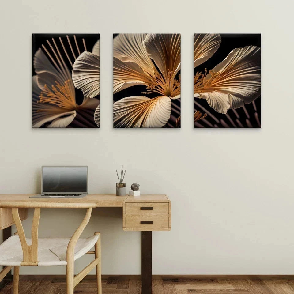 3pcs Elegant Gold and White Floral Wall Art Set Canvas Framed 40x60cm - High Quality Print 100% Australian Made Wall Canvas Ready to Hang