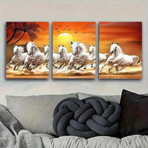 3pcs White Horses Galloping at Sunset Wall Art Set Canvas Unframed - High Quality Print 100% Australian Made Wall Canvas - Bella Home Decor