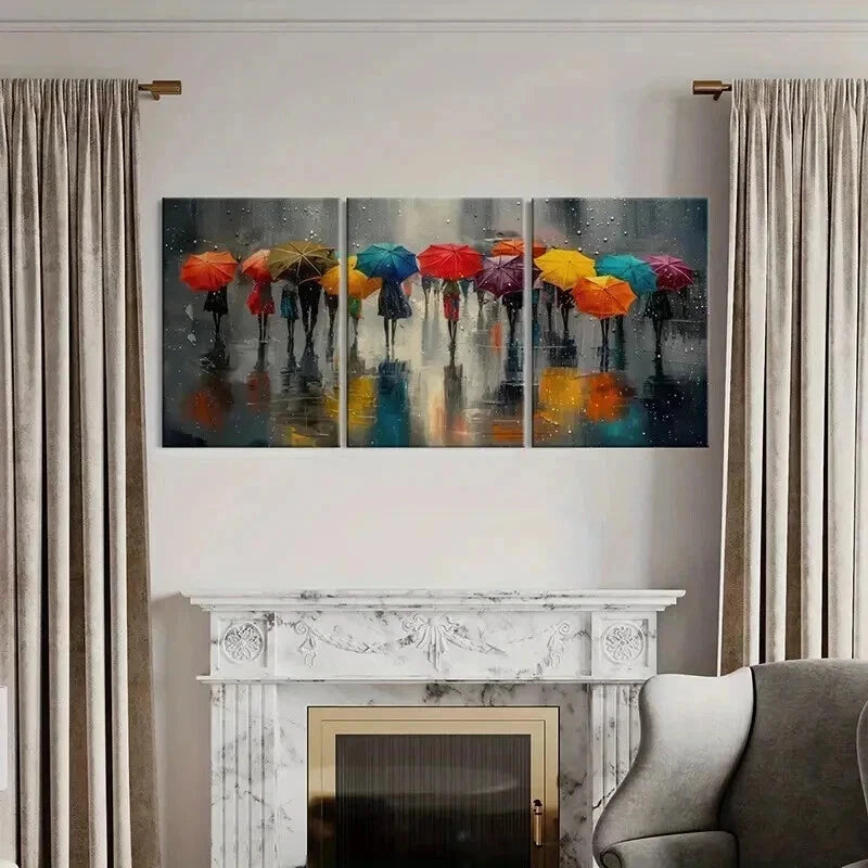 3pcs Rainy Day Colorful Umbrellas Wall Art Set Canvas Framed 40x60cm - High Quality Print 100% Australian Made Wall Canvas Ready to Hang - Bella Home Decor