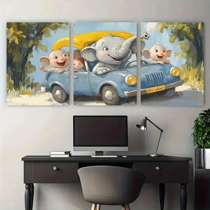 3pcs Babar The Elephant In Car Perfect Wall Art Set Canvas Framed 50x70cm - High Quality Print 100% Australian Made Wall Canvas Ready to Hang - Bella Home Decor