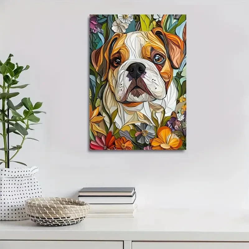 Cute Bulldog with Flowers & Plants Painting 40x60cm Metal Print Ready to Hang - Bella Home Decor