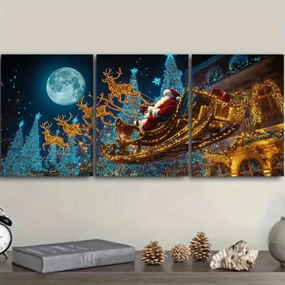 3pcs Festive Santa Claus Sleigh Ride Wall Art Set Canvas Unframed - High Quality Print 100% Australian Made Wall Canvas - Bella Home Decor