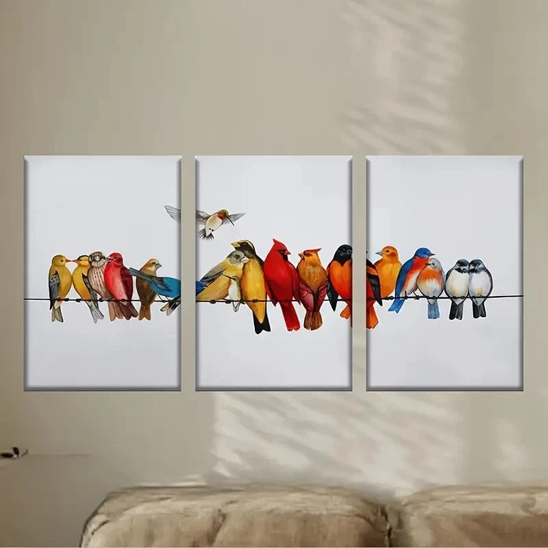 3pcs a Group of Birds Sitting on a Wire Wall Art Set Canvas Framed 60x90cm - High Quality Print 100% Australian Made Wall Canvas Ready to Hang - Bella Home Decor