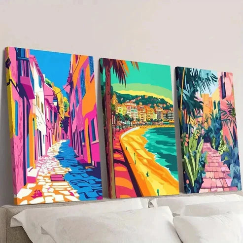 3pcs Colorful Ocean Beach City Landscape Wall Art Set Canvas Unframed - High Quality Print 100% Australian Made Wall Canvas - Bella Home Decor