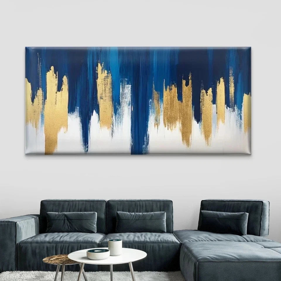 Abstract Geometric Golden & BlueWall Art Canvas Office Home Room Framed 120x60cm