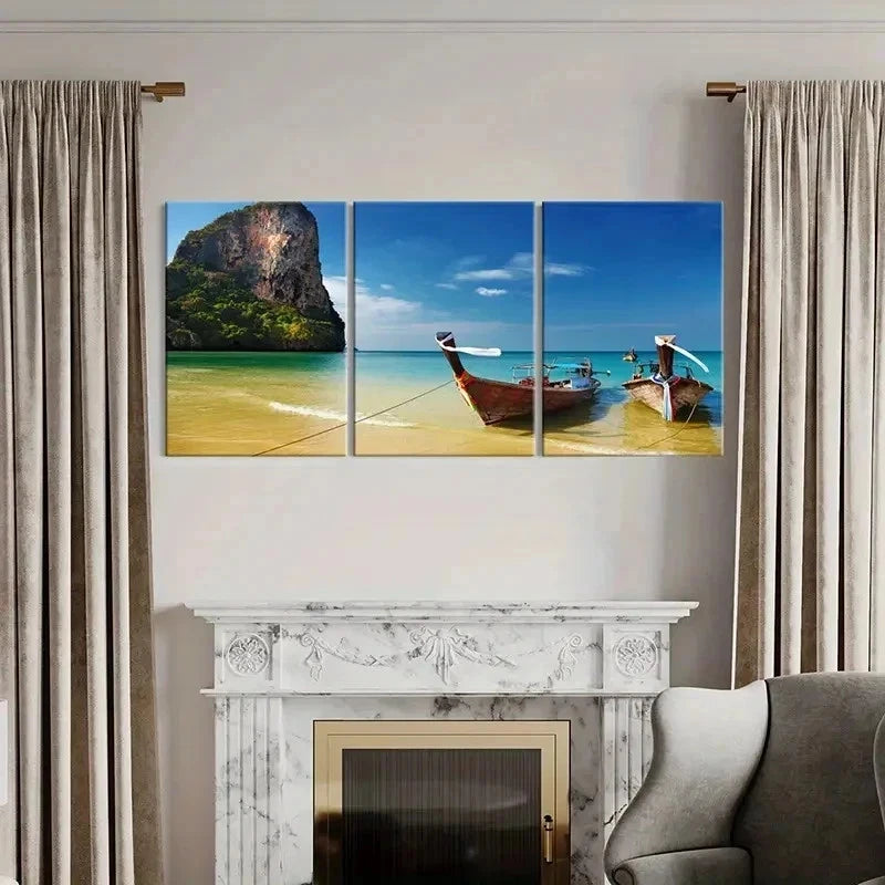 3pcs Natural Seaside Beach Island Boat Wall Art Set Canvas Framed 60x90cm - High Quality Print 100% Australian Made Wall Canvas Ready to Hang