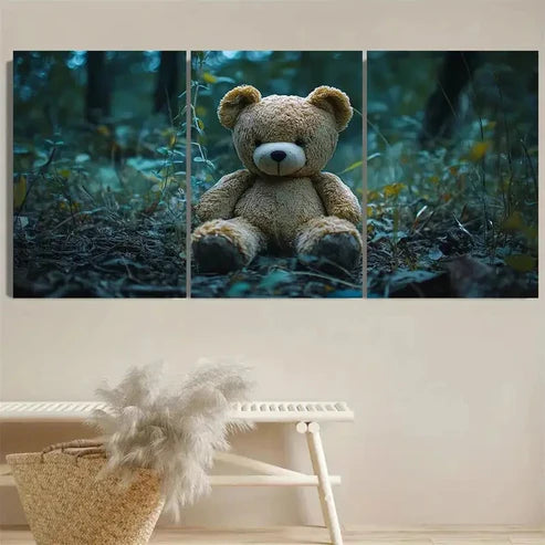 3pcs Stuffed Bear Forest Wall Art Set Canvas Framed 40x60cm - High Quality Print 100% Australian Made Wall Canvas Ready to Hang