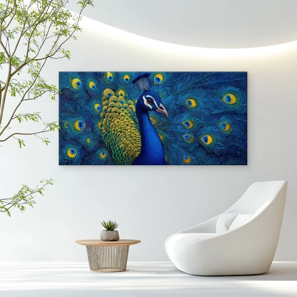 Indian Peacock with Blue Wall Art Canvas Office Home Room Framed 120x60cm
