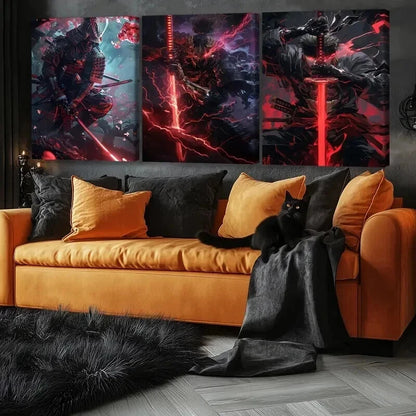 3pcs Anime Comic Vivid Color Samurai Thunder Red Wall Art Set Canvas Framed 50x70cm - High Quality Print 100% Australian Made Wall Canvas Ready to Hang