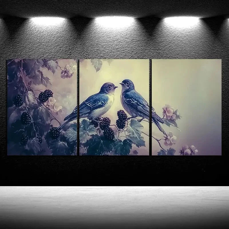 3pcs Birds on Blackberry Flowers Purple Metal Print Ready to Hang Art - Bella Home Decor