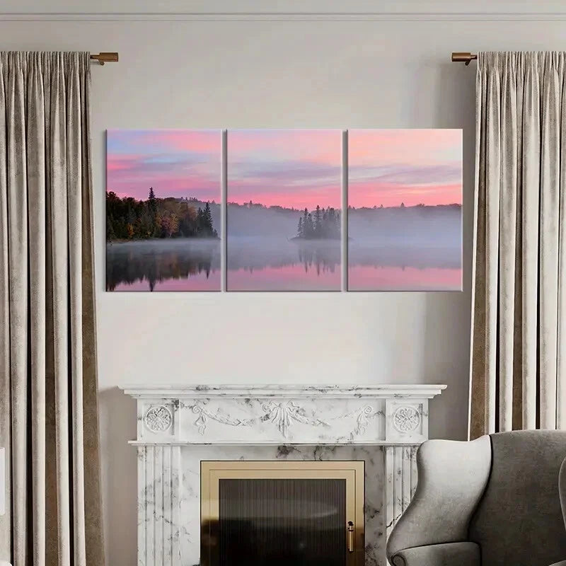 3pcs Lake Misty Forest Pink Sky Sunrise Wall Art Set Canvas Framed 50x70cm - High Quality Print 100% Australian Made Wall Canvas Ready to Hang - Bella Home Decor