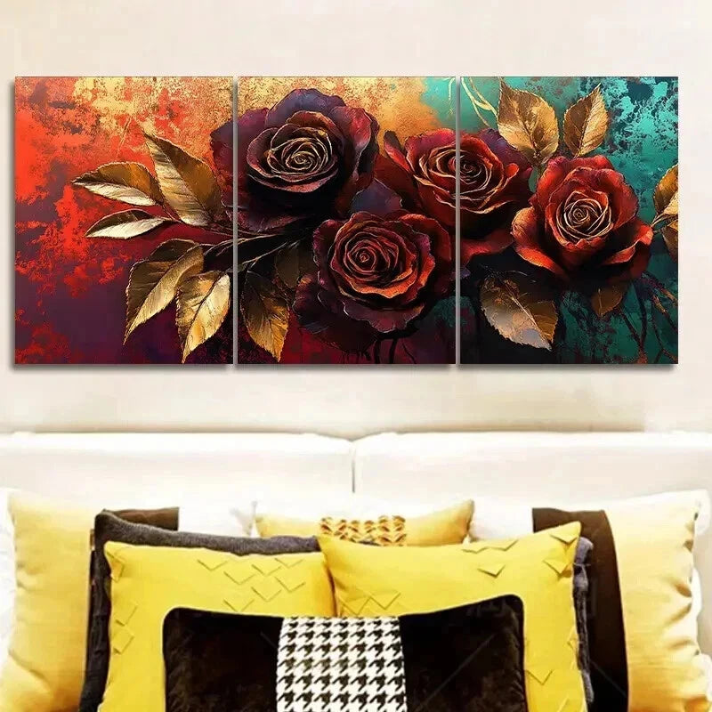 3pcs Painting Of A Rose In Golden Leaf Wall Art Set Canvas Framed 50x70cm - High Quality Print 100% Australian Made Wall Canvas Ready to Hang