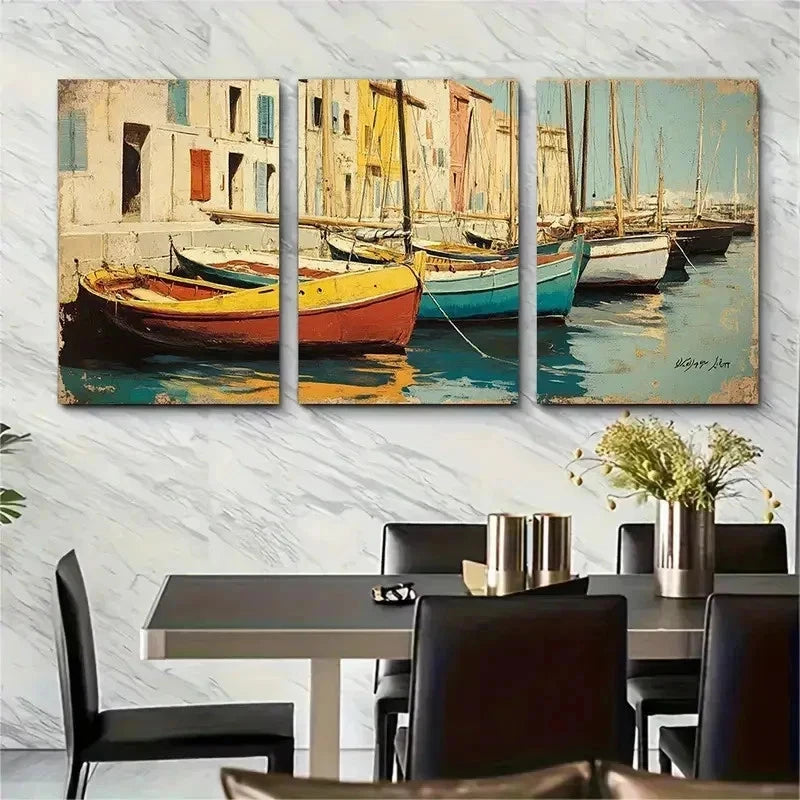 3pcs Vintage Marseille France Poster Perfect Wall Art Set Canvas Framed 50x70cm - High Quality Print 100% Australian Made Wall Canvas Ready to Hang