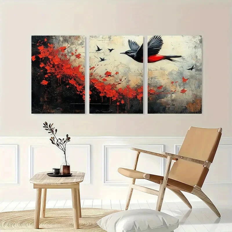 3pcs Black White And Red Birds Abstract Perfect Wall Art Set Canvas Framed 40x60cm - High Quality Print 100% Australian Made Wall Canvas Ready to Hang - Bella Home Decor