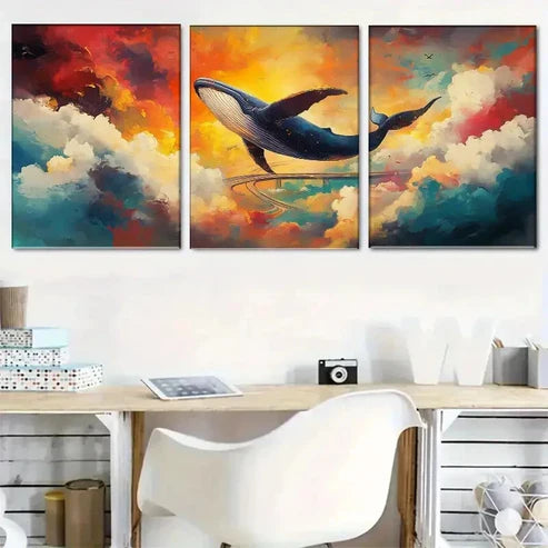 3pcs Majestic Whale Vivid Clouds Sky Perfect Wall Art Set Canvas Unframed - High Quality Print 100% Australian Made Wall Canvas