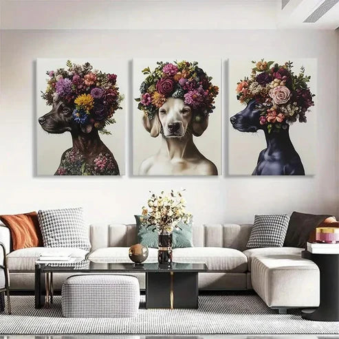 3pcs Floral Dog Portrait Crowns Adorable Wall Art Canvas Unframed - High Quality Print 100% Australian Made Wall Canvas
