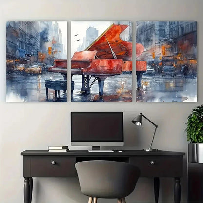 3pcs City Streets Watercolour Piano Art    Wall Art Set Canvas Framed 50x70cm - High Quality Print 100% Australian Made Wall Canvas Ready to Hang - Bella Home Decor
