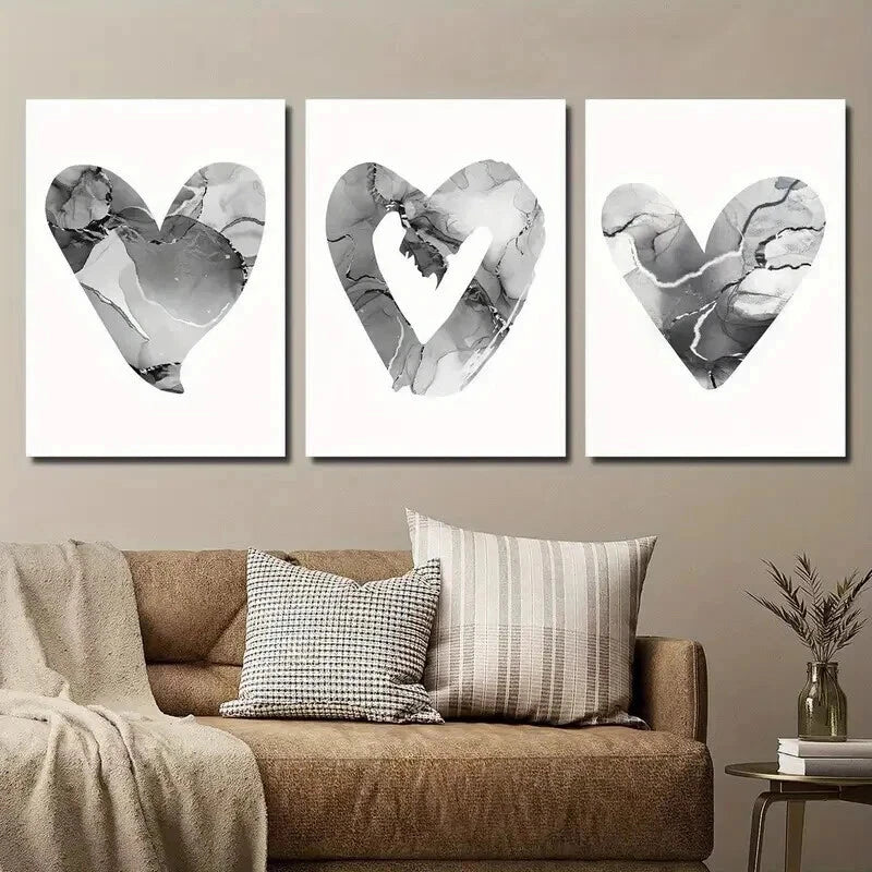 3pcs Elegant Marble Heart Modern Décor Perfect Wall Art Set Canvas Framed 50x70cm - High Quality Print 100% Australian Made Wall Canvas Ready to Hang - Bella Home Decor
