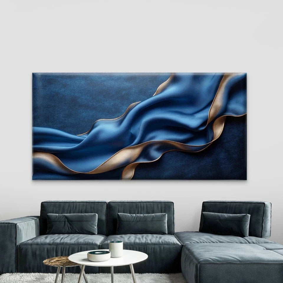 Abstract Blue And Gold Wall Art Canvas Office Home Room Framed 120x60cm