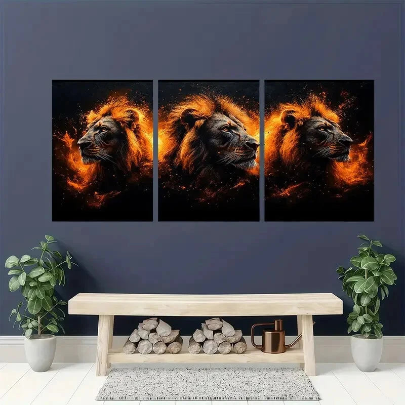 3pcs Abstract Animal Golden Lion Metal Print Ready to Hang Art - Bella Home Decor